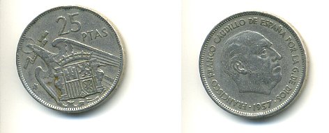 ИСПАНИЯ 25 ПЕСЕТ 1957 (59) ФРАНСИСКО ФРАНКО ДИКТАТОР ИСПАНИИ (1939-1975) KM 787 медно-никель 54-2233