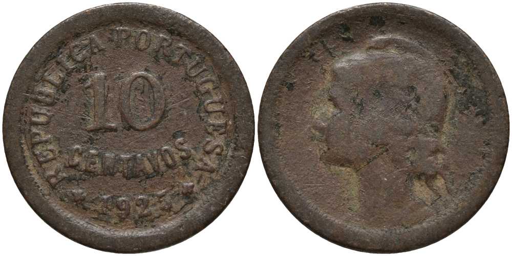 ПОРТУГАЛИЯ 10 СЕНТАВО 1925 РЕСПУБЛИКА, ГОЛОВА СВОБОДЫ ВЛЕВО КМ 573 бронза 202-324