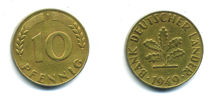 ФРГ 10 ПФЕННИГОВ 1949 J KM 103, J.378 сталь плакированная латунью 23-631