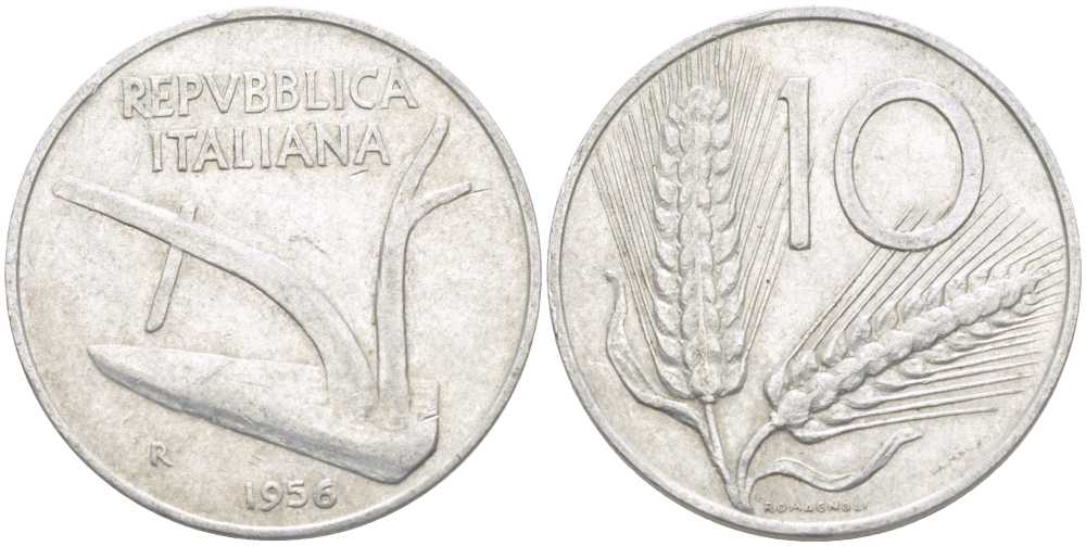 ИТАЛИЯ 10 ЛИР 1956 R, ПЛУГ, КОЛОСЬЯ KM 93 алюминий 175-412