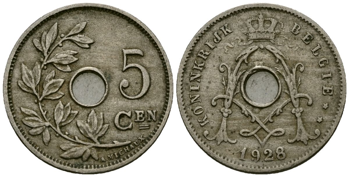 Бельгия 5 сантимов 1928 Belgie KM 67 медно-никель 4173-322