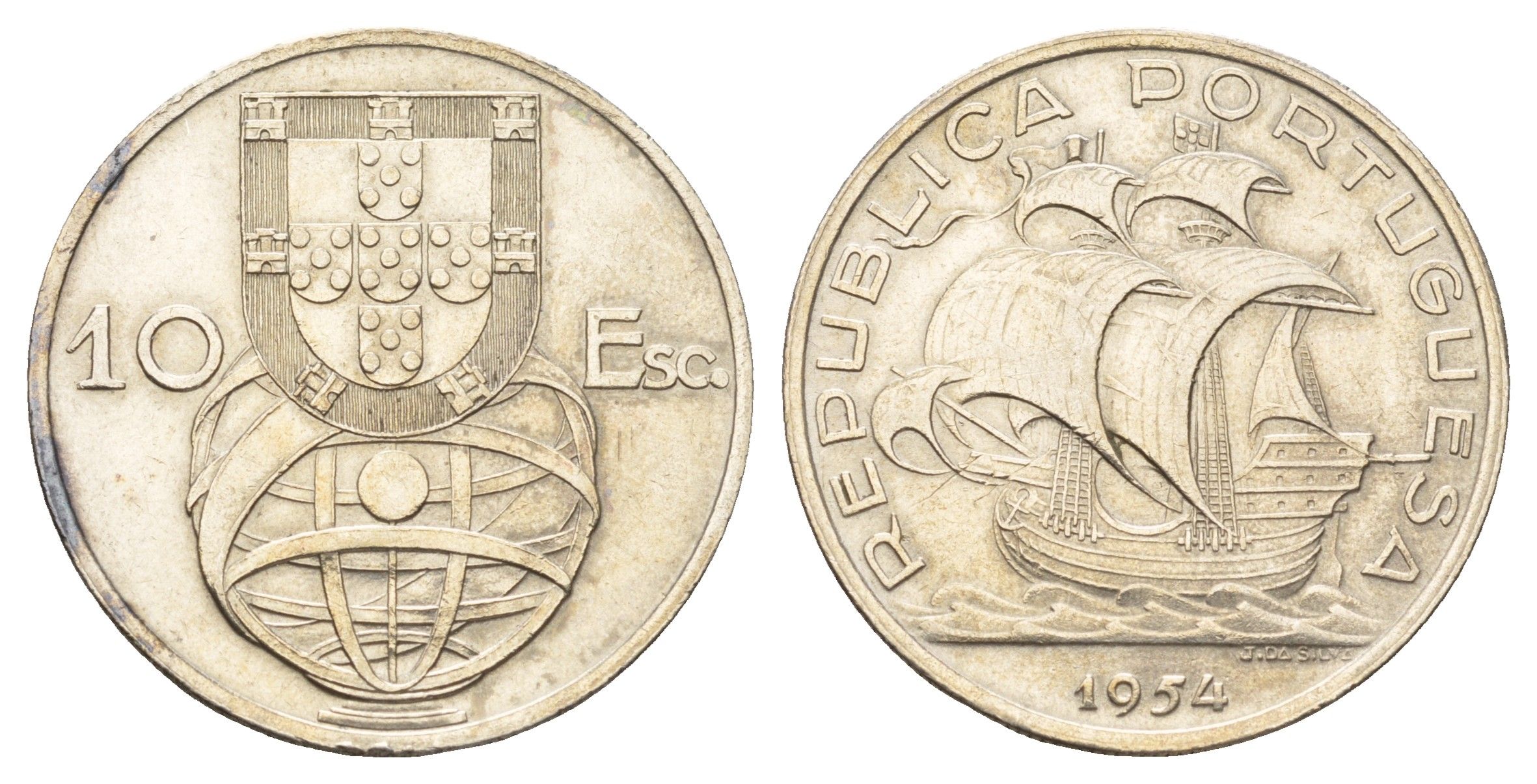 Португалия 10 эскудо 1954 парусник KM 586 серебро 4572-813