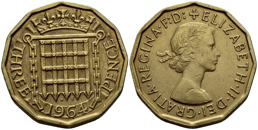Великобритания 3 пенса 1964 Елизавета II (1952-2022) KM 900, Spink 4153 никель латунь 51-446