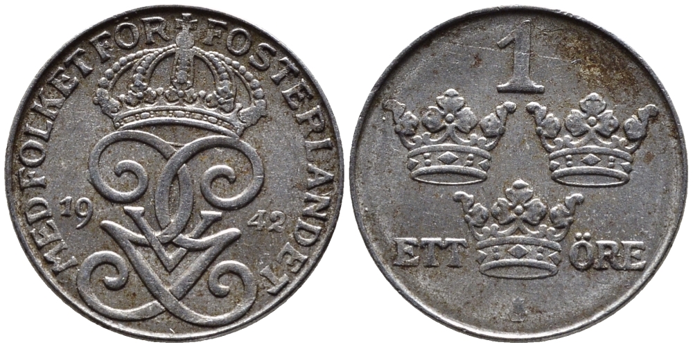 Швеция 1 эре 1942 Густав V (1907-1950) KM 810 железо 46-469