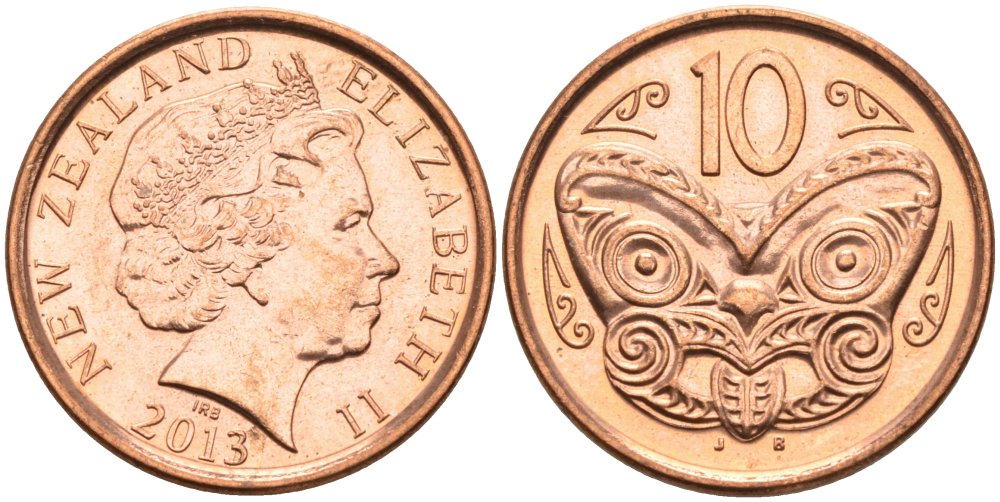 Новая Зеландия 10 центов 2013 маска Маори, Елизавета II (1952-) KM 117а сталь плакированная медью 92-447