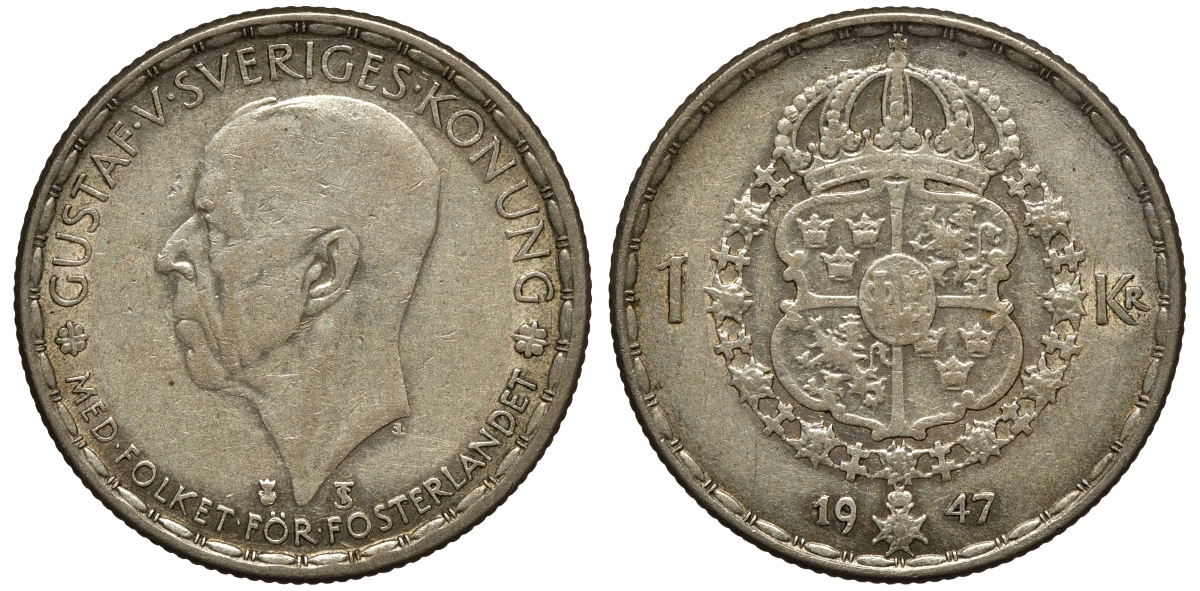 Швеция 1 крона 1947 TS, Густав V (1907-1950) KM 814 серебро 4178-541