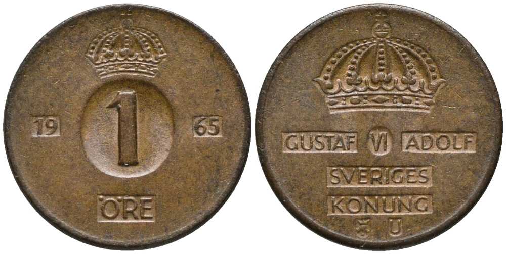 Швеция 1 эре 1965 U, Густав VI Адольф (1950-1973) KM 820 бронза 201-1155