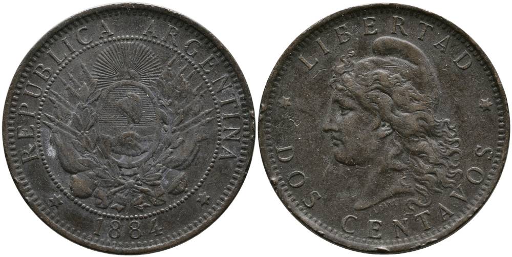 Аргентина 2 сентаво 1884 голова свободы влево KM 8 бронза 4531-515