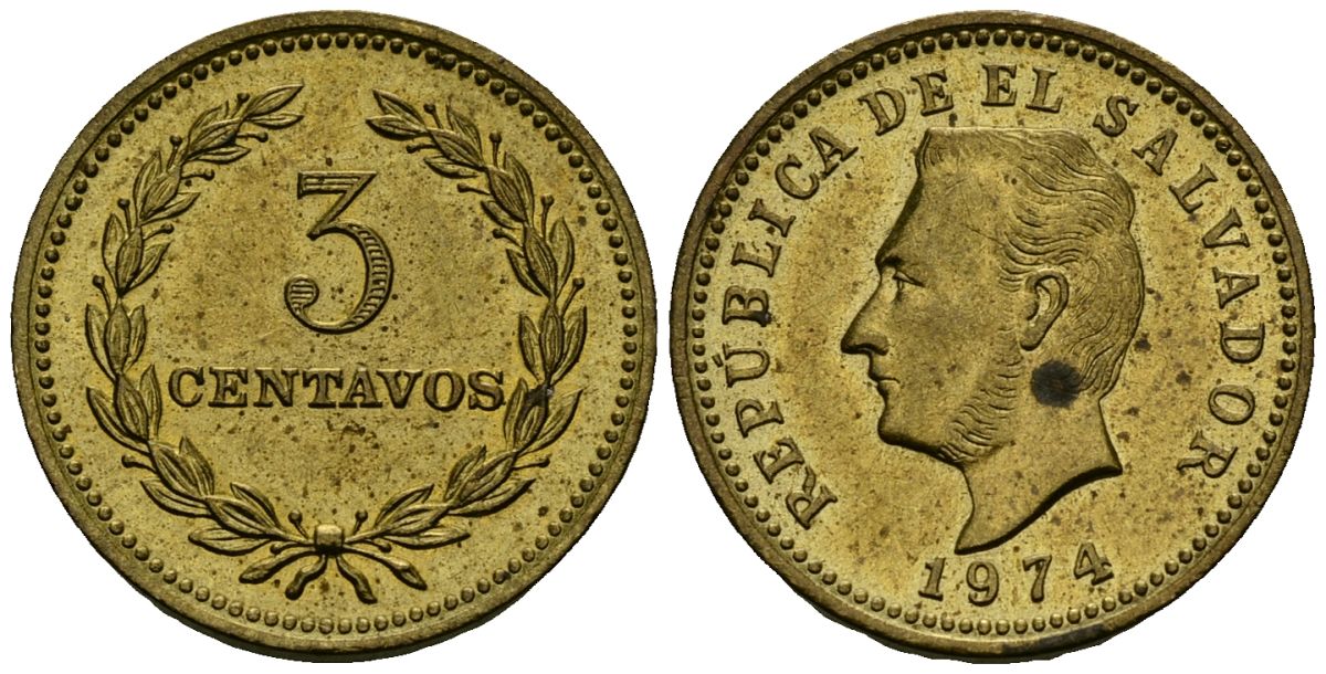 Сальвадор 3 сентаво 1974 год тип, Франсиско Морасан KM 148 никель латунь 4173-1015
