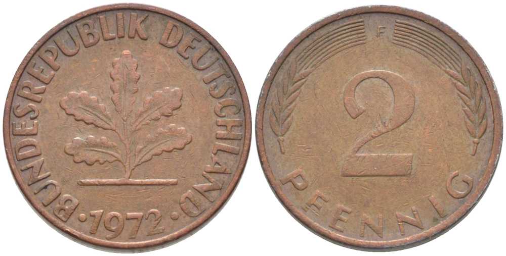 ФРГ 2 ПФЕННИГА 1972 F KM 106a, J. 381a сталь плакированная сталь плакированная медьюю 116-328