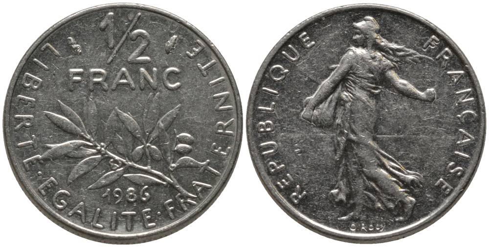 Франция 1/2 франка 1986 сеятель KM 931.1, Le Franc 198.25 никель 181-432