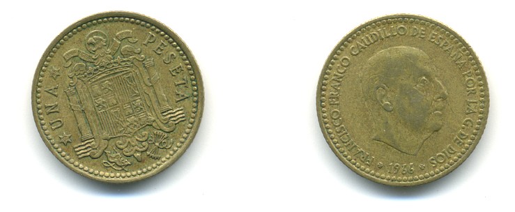 ИСПАНИЯ 1 ПЕСЕТА 1966 (68) ФРАНСИСКО ФРАНКО ДИКТАТОР ИСПАНИИ (1939-1975) КМ 796 алюминиевая бронза 80-1121