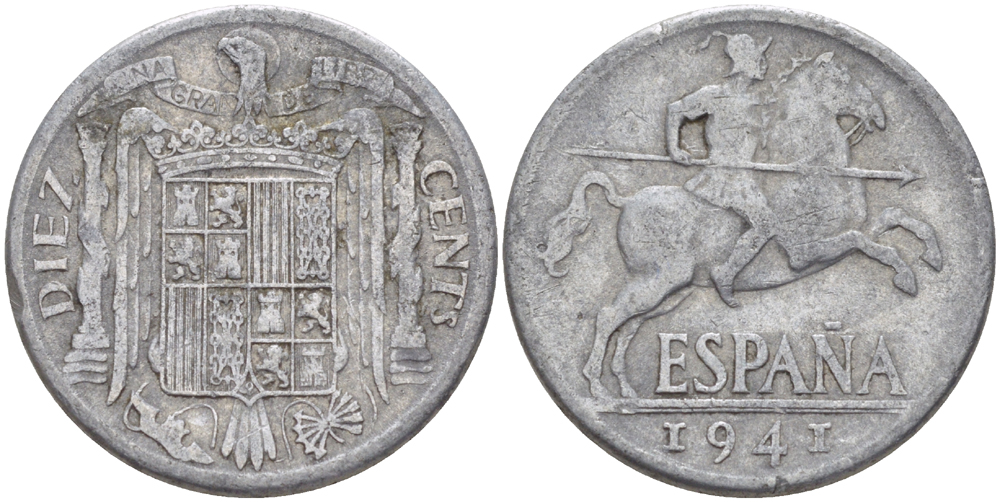 ИСПАНИЯ 10 СЕНТИМО 1941 РЫЦАРЬ НА КОНЕ KM 766 алюминий 216-517