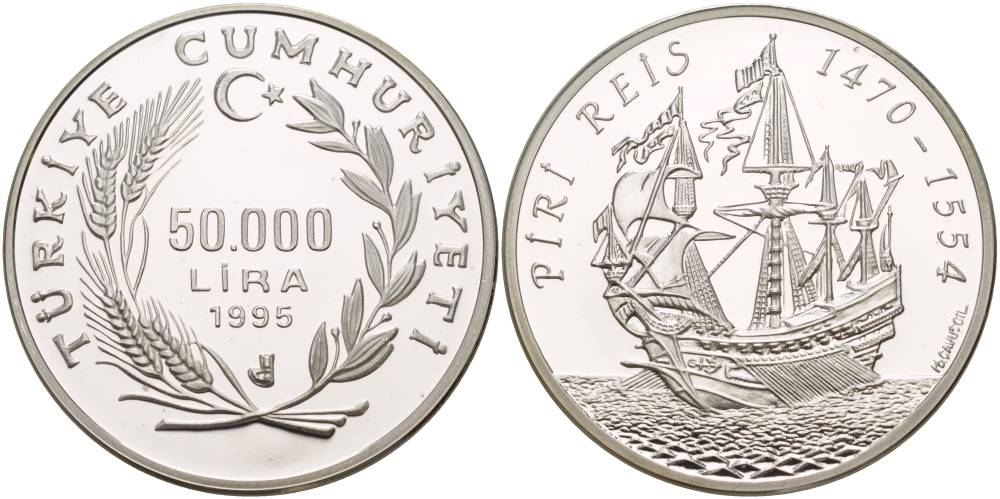 Турция 50000 лир 1995 мореплаватель Пири Рейс (Мухиддин Пири-бей), парусник KM 1038 серебро PROOF 1081-6-41