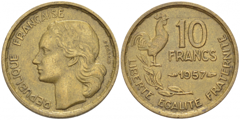 ФРАНЦИЯ 10 ФРАНКОВ 1957 KM 915.1, LE FRANC 363.13 алюминиевая бронза 112-839