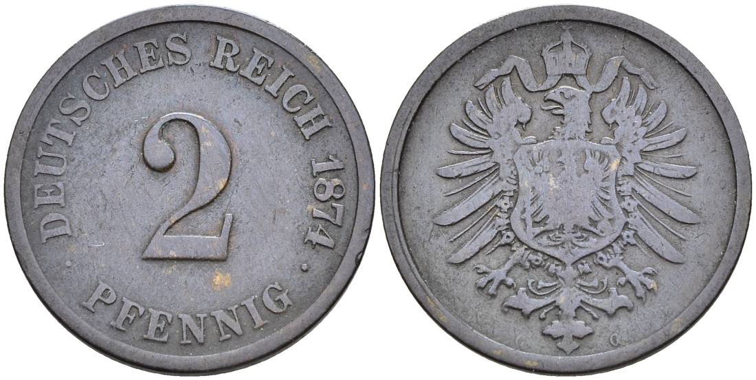 ГЕРМАНИЯ 2 ПФЕННИГА 1874 G, СТАРОГЕРБОВКА KM 2, Jager 2, Weege 3 медь 4546-537