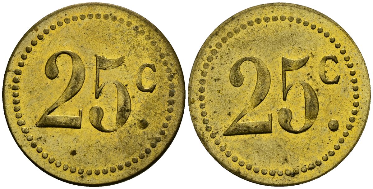 Франция 25†сантимов XIX-XX век ресторанный жетон латунь 4166-1113