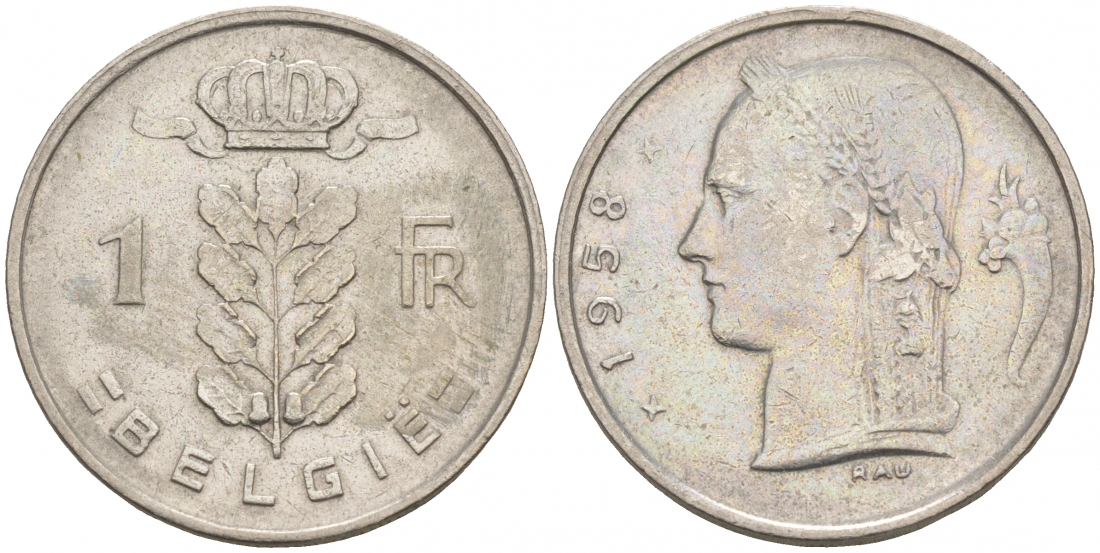 Бельгия 1 франк 1958 Belgie, Бодуэн I (1951-1993) KM 143.1 медно-никель 68-532