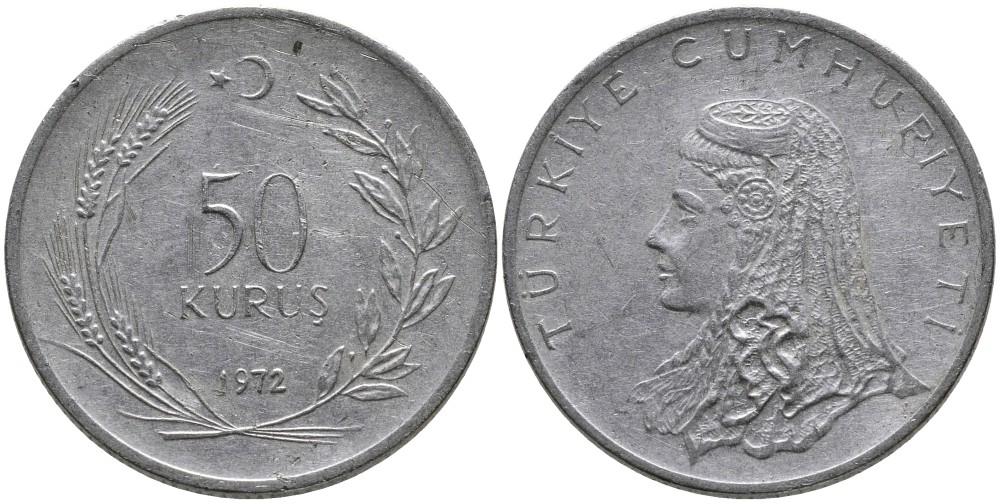 Турция 50 курушей 1972 Анатолийская невеста KM 899 нержавеющая сталь 4541-726