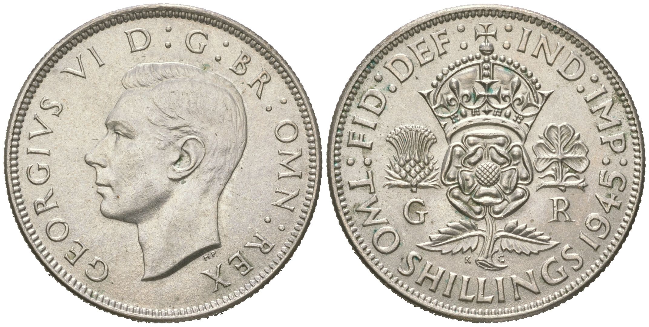 Великобритания 2 шиллинга (флорин) 1945 Георг VI (1936-1952) KM 855, Spink 4081 серебро aUNC 4619-851