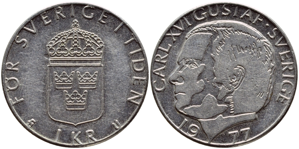 Швеция 1 крона 1977 Карл XVI Густав (1973- ) KM 852 медь плакированная медно-никелем 4397-816