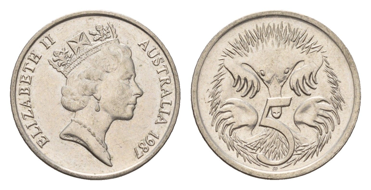 Австралия 5 центов 1987 Елизавета II (1952-2022), ехидна KM 80 медно-никель UNC 4669-565