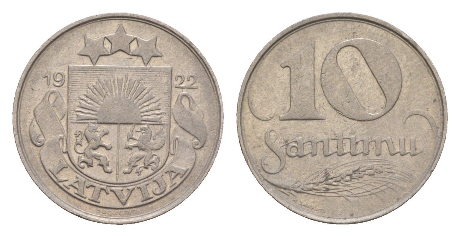 Латвия 10 сантимов 1922 год-тип KM 4 никель 4658-1239