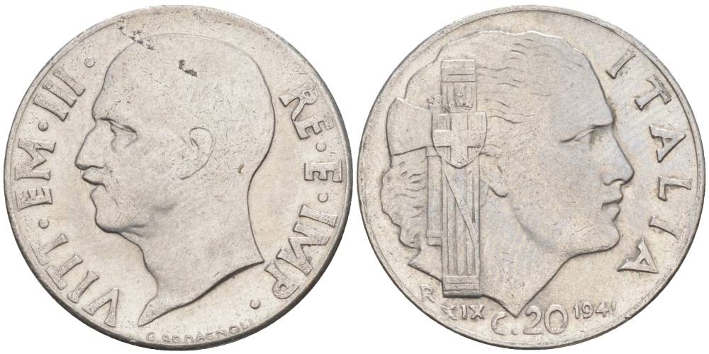 ИТАЛИЯ 20 ЧЕНТЕЗИМО 1941 R, ГОД XIX, ВИКТОР ЭММАНУИЛ III (1900-1946) KM 75b, VEM3. 1028 нержавеющая сталь 3853-724