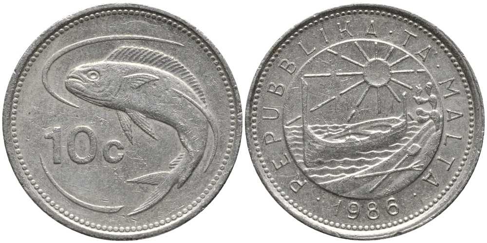 Мальта 10 центов 1986 золотая макрель KM 76 медно-никель 113-751