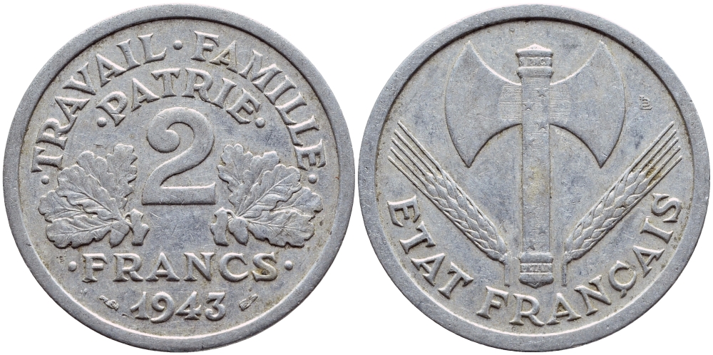 Франция 2 франка 1943 правительство Виши KM 904.1 алюминий 4397-725