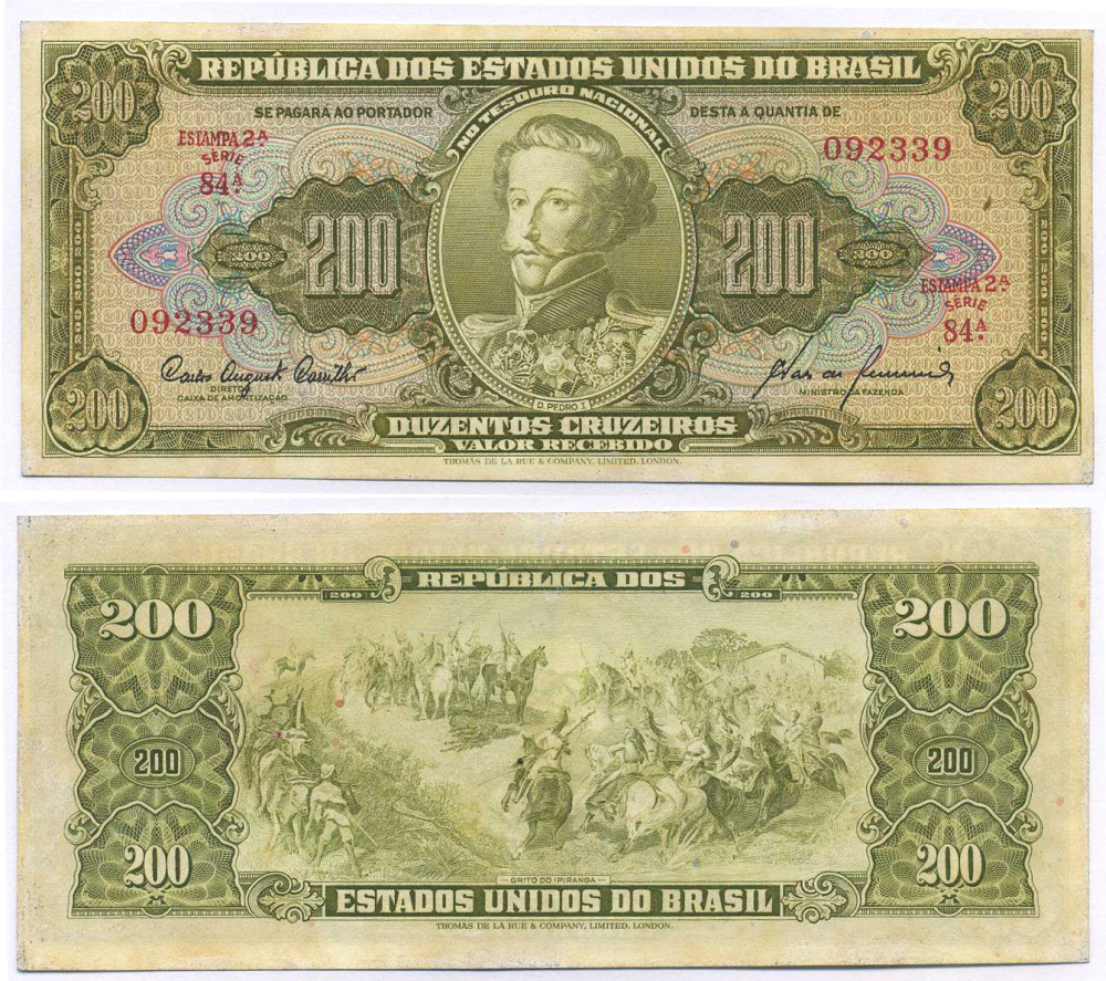 БРАЗИЛИЯ 200 КРУЗЕЙРО 1960 ESTAMPA 2A, СЕРИЯ 84А Pick 163 бумага UNC (ПРЕСС) 8595-26-1-2