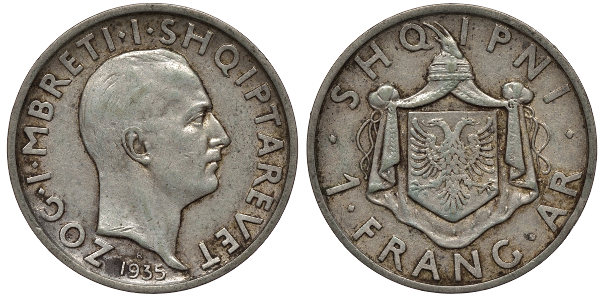 Албания 1 франга ари 1935 R, Ахмет Зогу I (1928-1939) KM 16 серебро 441-1312