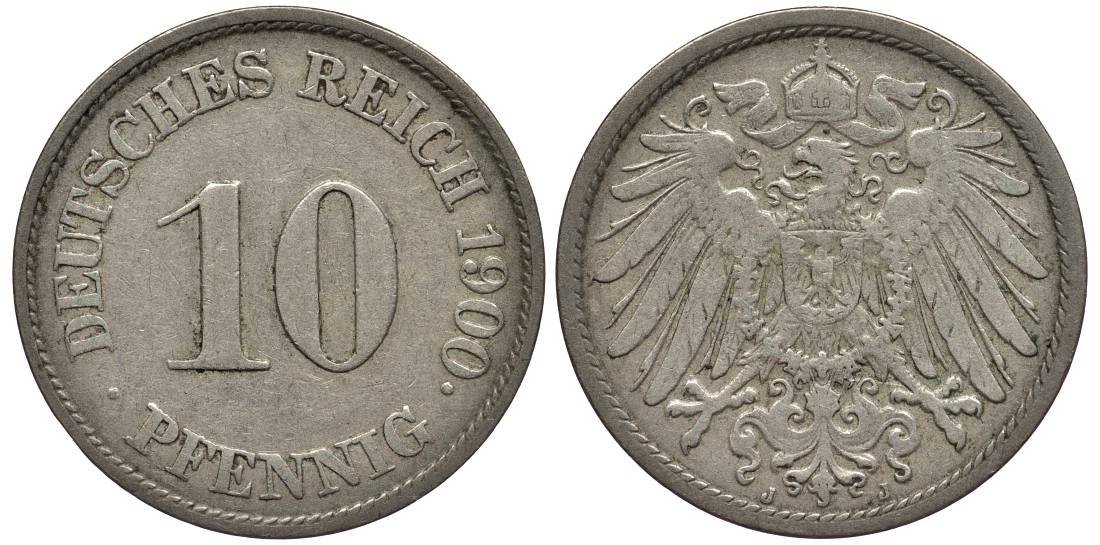 Германия 10 пфеннигов 1900 J KM 12, Jager 13, Weege 8 медно-никель 219-334