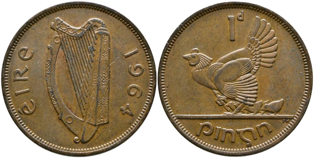 ИРЛАНДИЯ 1 ПЕННИ 1964 КУРИЦА С ЦЫПЛЯТАМИ KM 11 бронза 4531-713