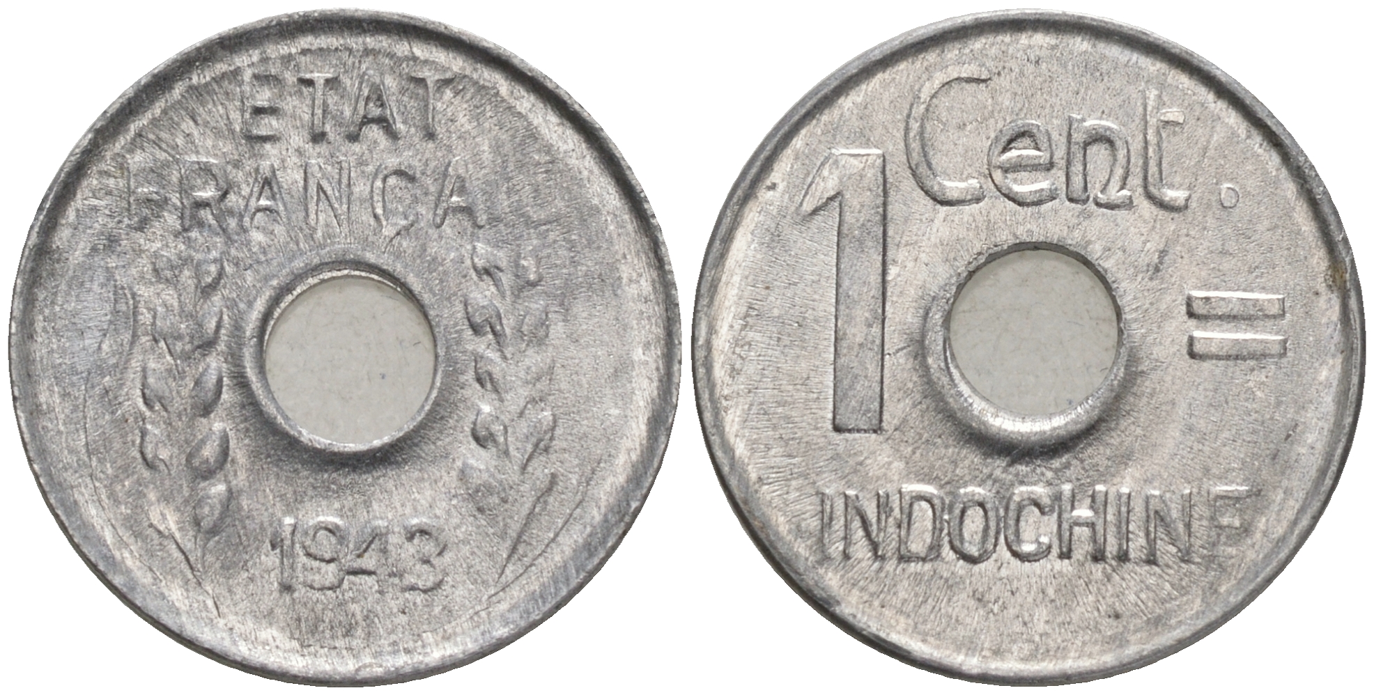 Французский Индокитай 1 цент 1943 год тип KM 26 алюминий UNC 4528-668