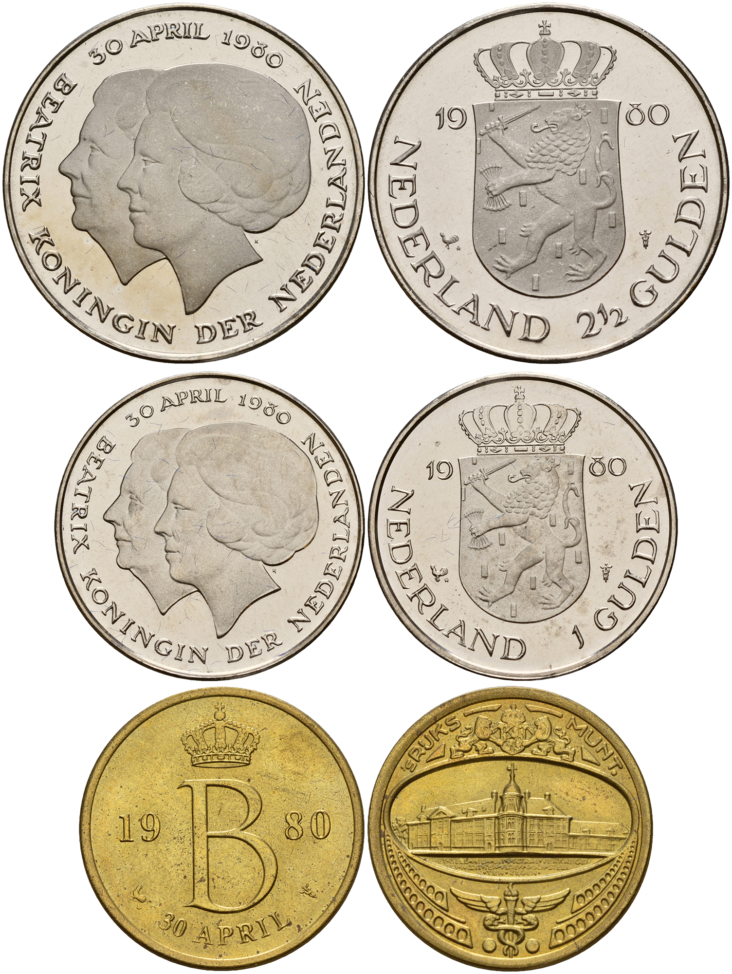 Нидерланды набор из 2 монет 1980 Беатрикс королева Нидерландов, коробка, сертификат, жетон монетного двора    UNC 4-3-5-15