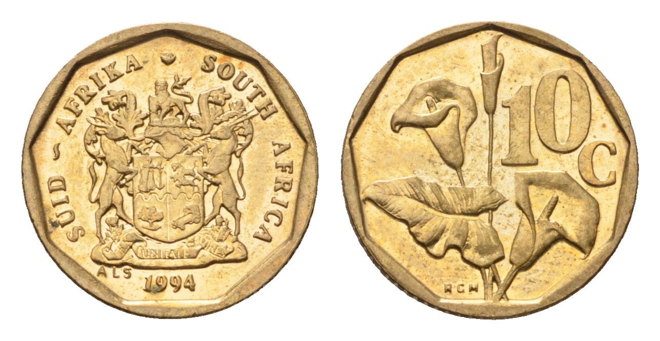 ЮАР 10 центов 1994 герб, цветок алоэ KM 135 сталь плакированная бронзой UNC 4694-669