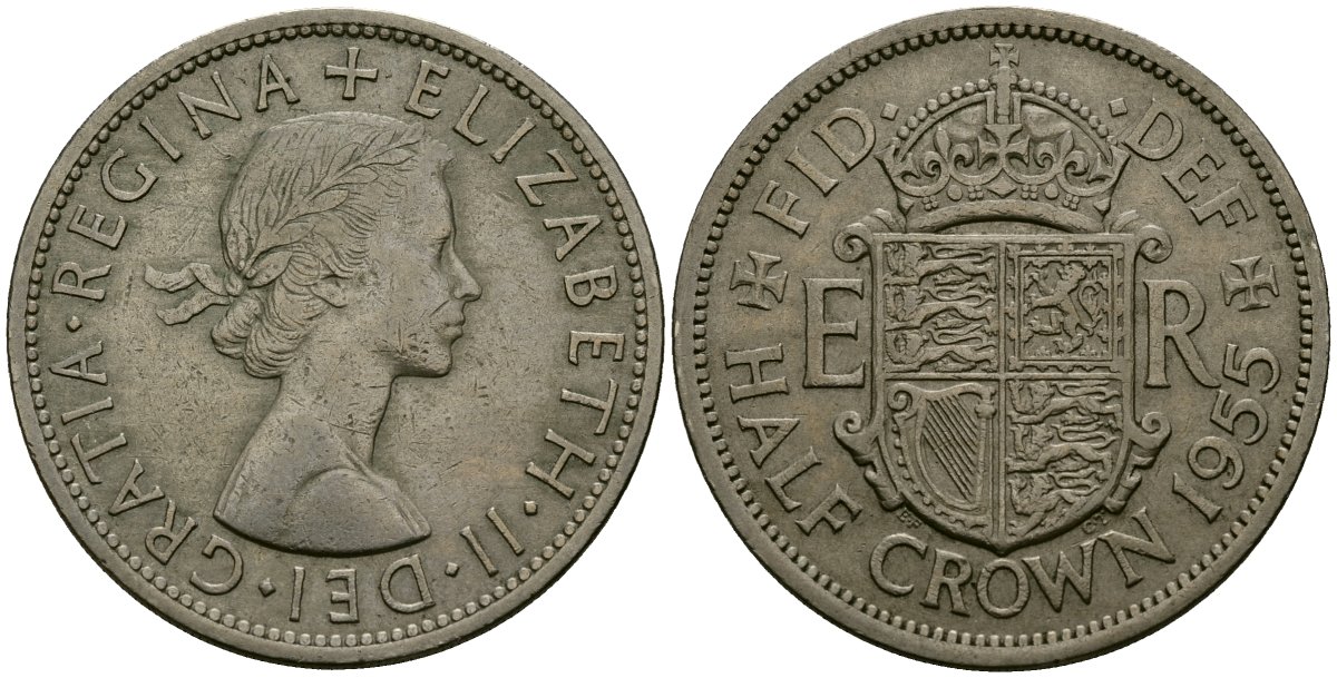Великобритания 1/2 кроны 1955 Елизавета II (1952-2022) KM 907, Spink 4145 медно-никель 4125-524