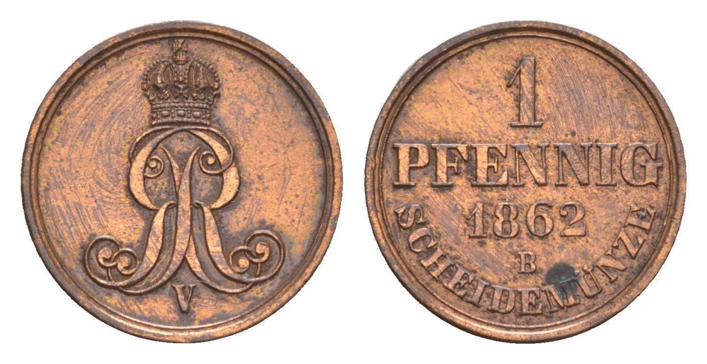 Ганновер 1 пфенниг 1862 B, Георг V (1851-1866) KM 233, AKS 156, J. 90 медь    4658-1063