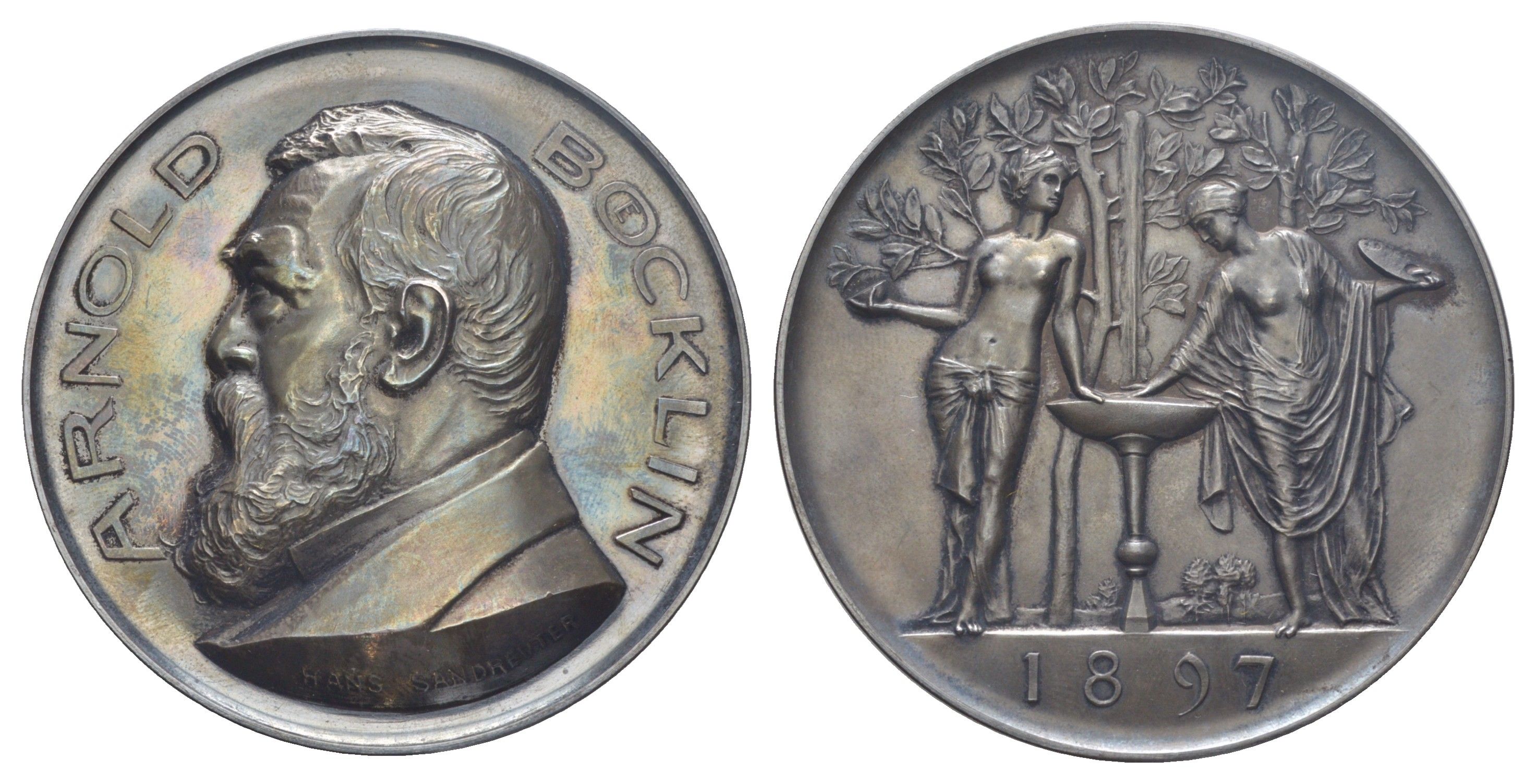 Швейцария медаль "Арнольд Бёклин" 1897 Арнольд Бёклин - швейцарский художник, 70 лет со дня рождения, отчеканена компанией Hugenen fr?res по рисунку Ганс Зандрёйтер в 1897, поэзия и живопись стоят перед лавровыми деревьями у фонтана, в красочной коробке, 