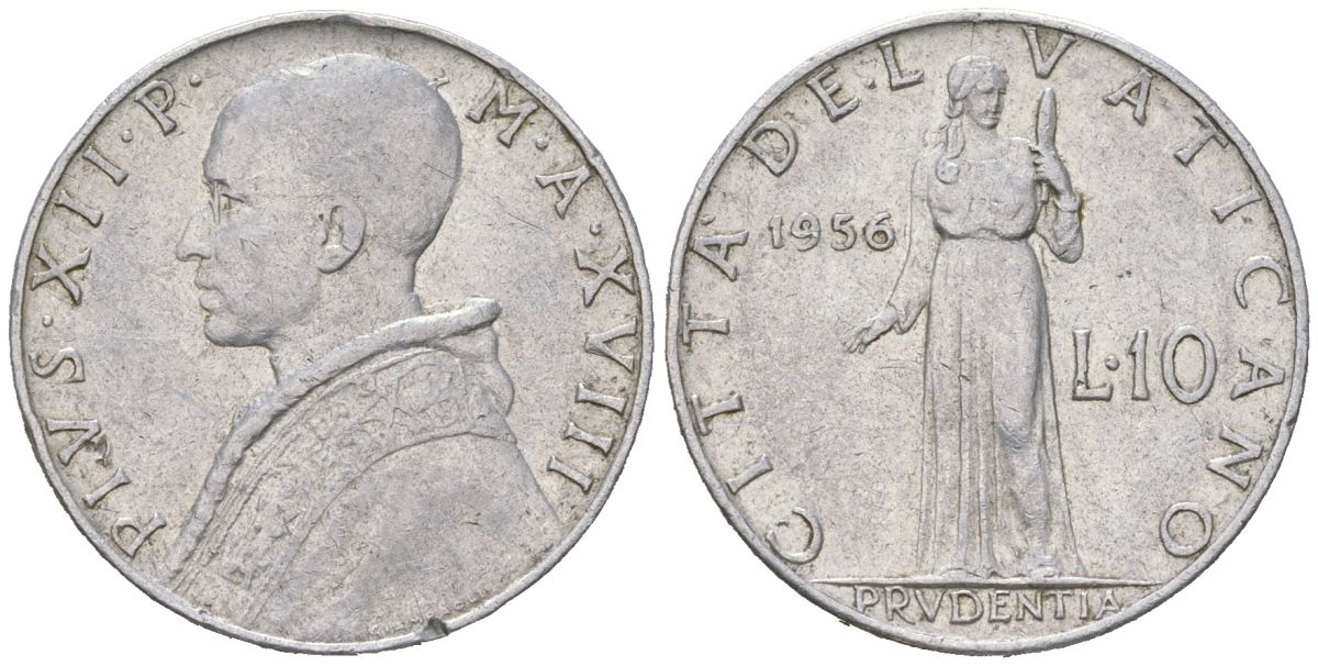 Ватикан 10 лир 1956 Пий XII (1939-1958) KM 52 алюминий aUNC 4591-855
