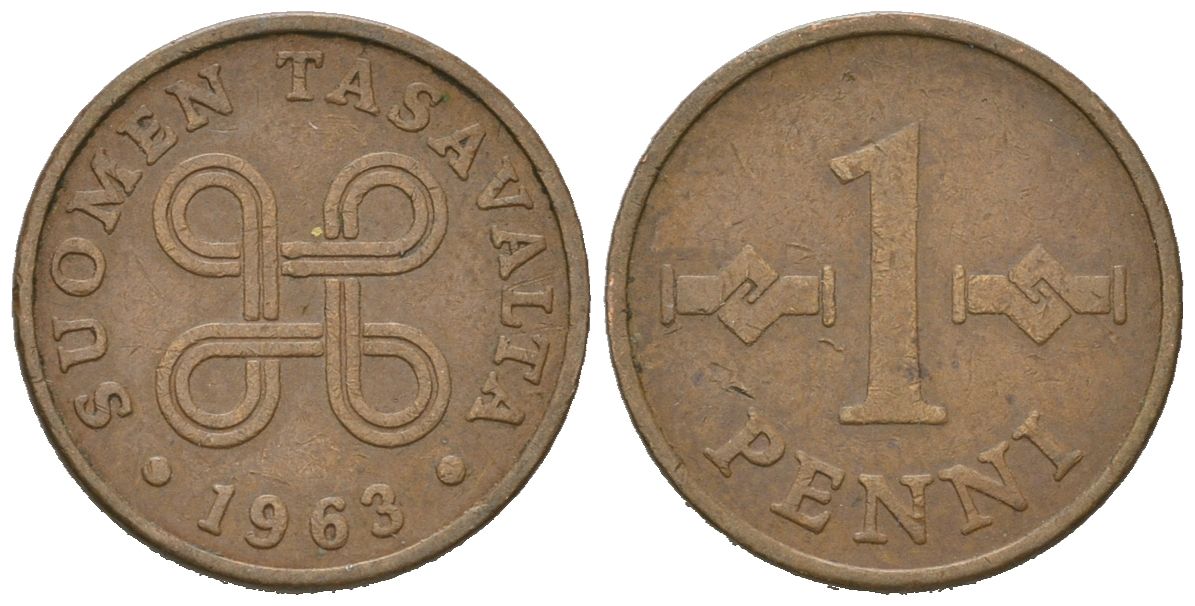 Финляндия 1 пенни 1963 первый год KM 44 медь 99-941