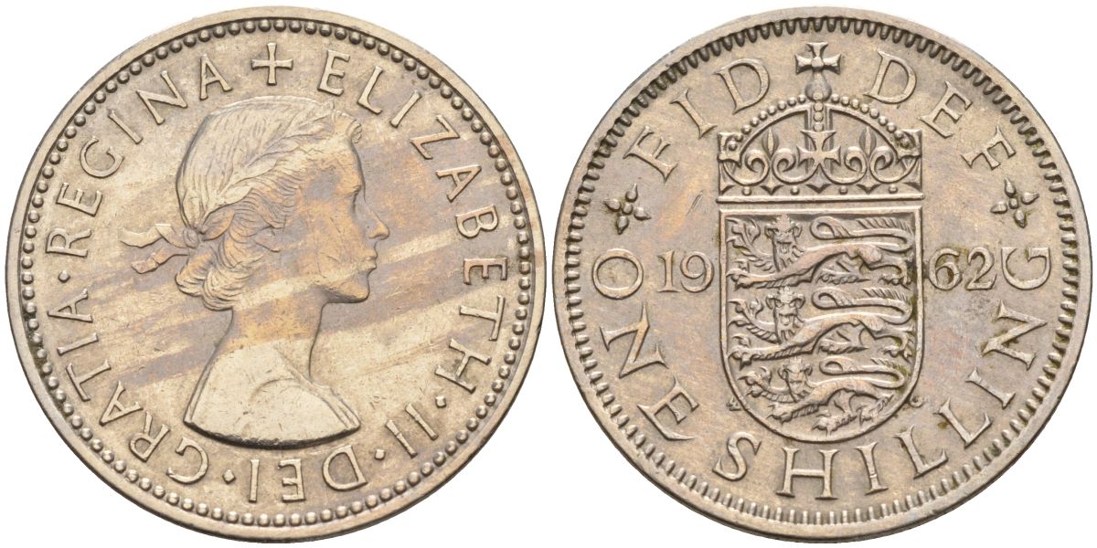 Великобритания 1 шиллинг 1962 Елизавета II (1952-2022), Английский герб KM 904, Spink 4147 медно-никель 4153-922