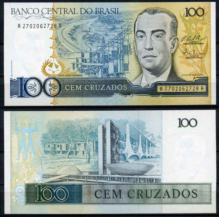 Бразилия 100 крузадо ND (1986-1988) серия A 2702, Жуселину Кубичек Pick 211 c бумага UNC (пресс) 2196-37-3-2