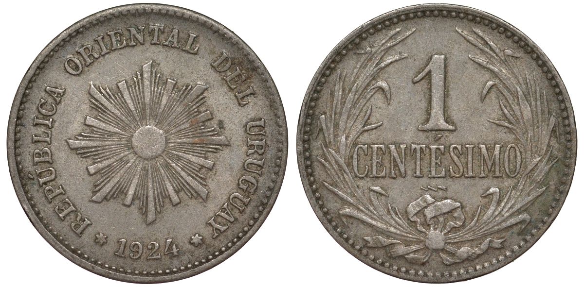Уругвай 1 сентесимо 1924 KM 19 медно-никель 4169-647