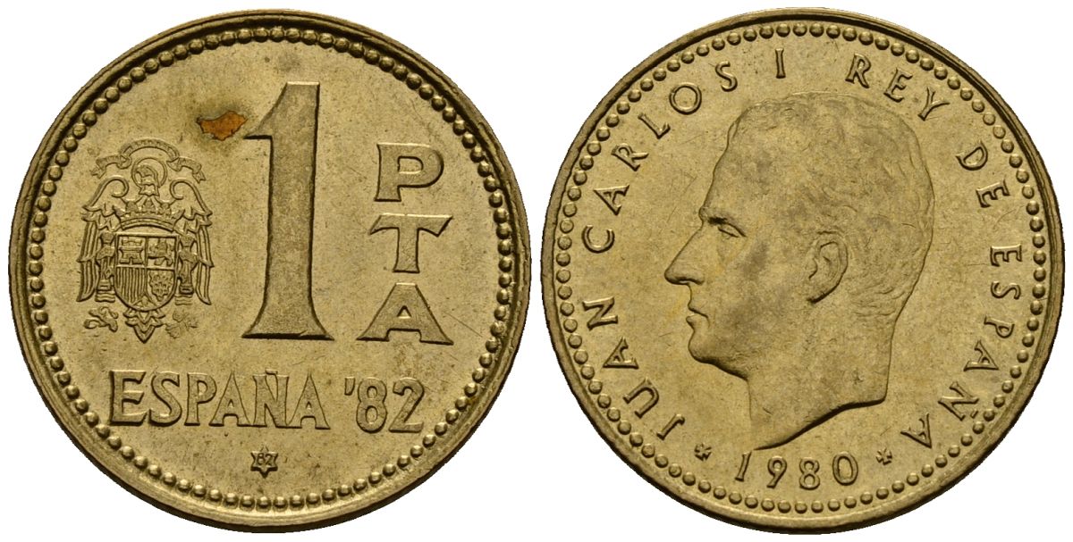 Испания 1 песета 1980 Чемпионат мира по футболу в Испании 1982 года, Хуан Карлос I (1975-2014) KM 816 алюминиевая бронза 4176-435