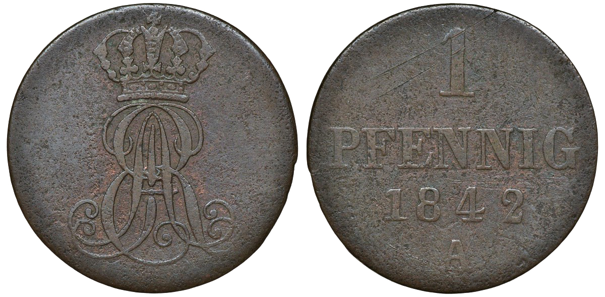 Ганновер 1 пфенниг 1842 A, Эрнст Август (1837-1851) KM 173.1, AKS 126, J. 54 медь 72-1661