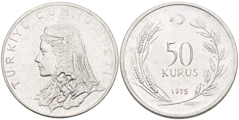 Турция 50 курушей 1975 Анатолийская невеста KM 899 нержавеющая сталь 4541-1241