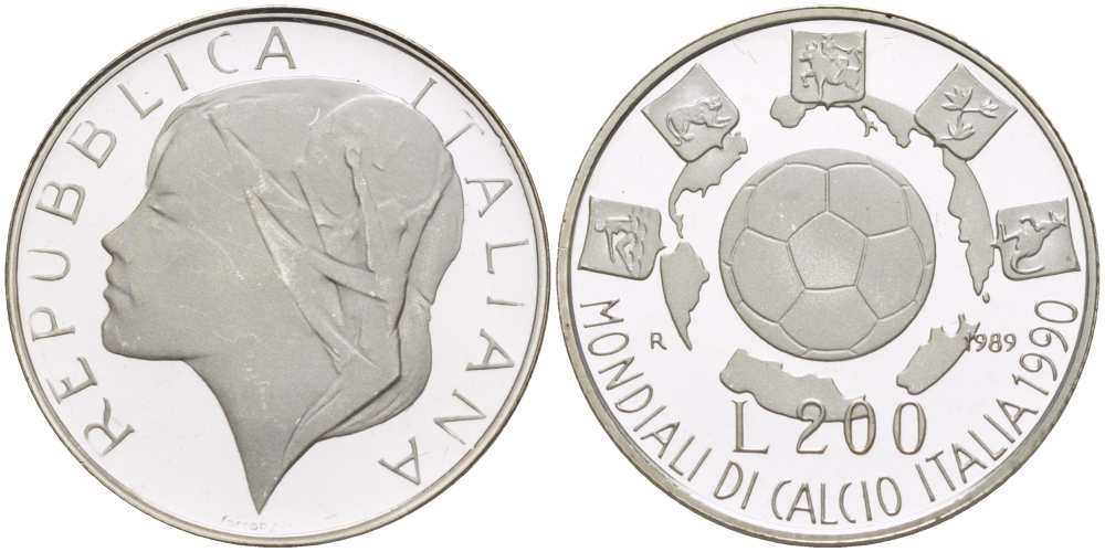 Италия 200 лир 1989 чемпионат мира по футболу в Италии 1990 года, мяч, гербы KM 133 серебро PROOF 1074-10-53