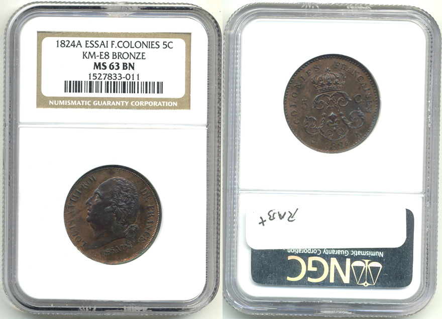 Французские колонии 5 сантимов 1824 A, Людовик XVIII, ESSAI в слабе NGC MS 63 BN PROBA KM E3 бронза UNC 15-005-01